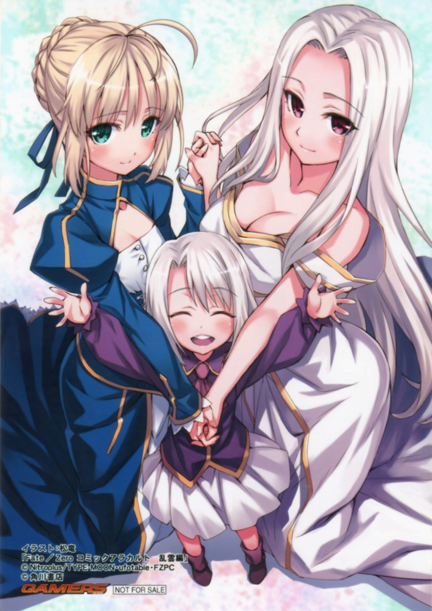 :d age_difference ahoge blonde_hair blush boots breasts child cleavage closed_eyes dress eyes_closed fate/stay_night fate/zero fate_(series) flat_chest green_eyes hair_ribbon hand_holding hands_clasped highres holding_hands illyasviel_von_einzbern interlocked_fingers irisviel_von_einzbern long_hair matsuryuu mother_and_daughter multiple_girls open_mouth outstretched_arms purple_eyes ribbon saber silver_hair skirt smile strapless_dress violet_eyes white_dress