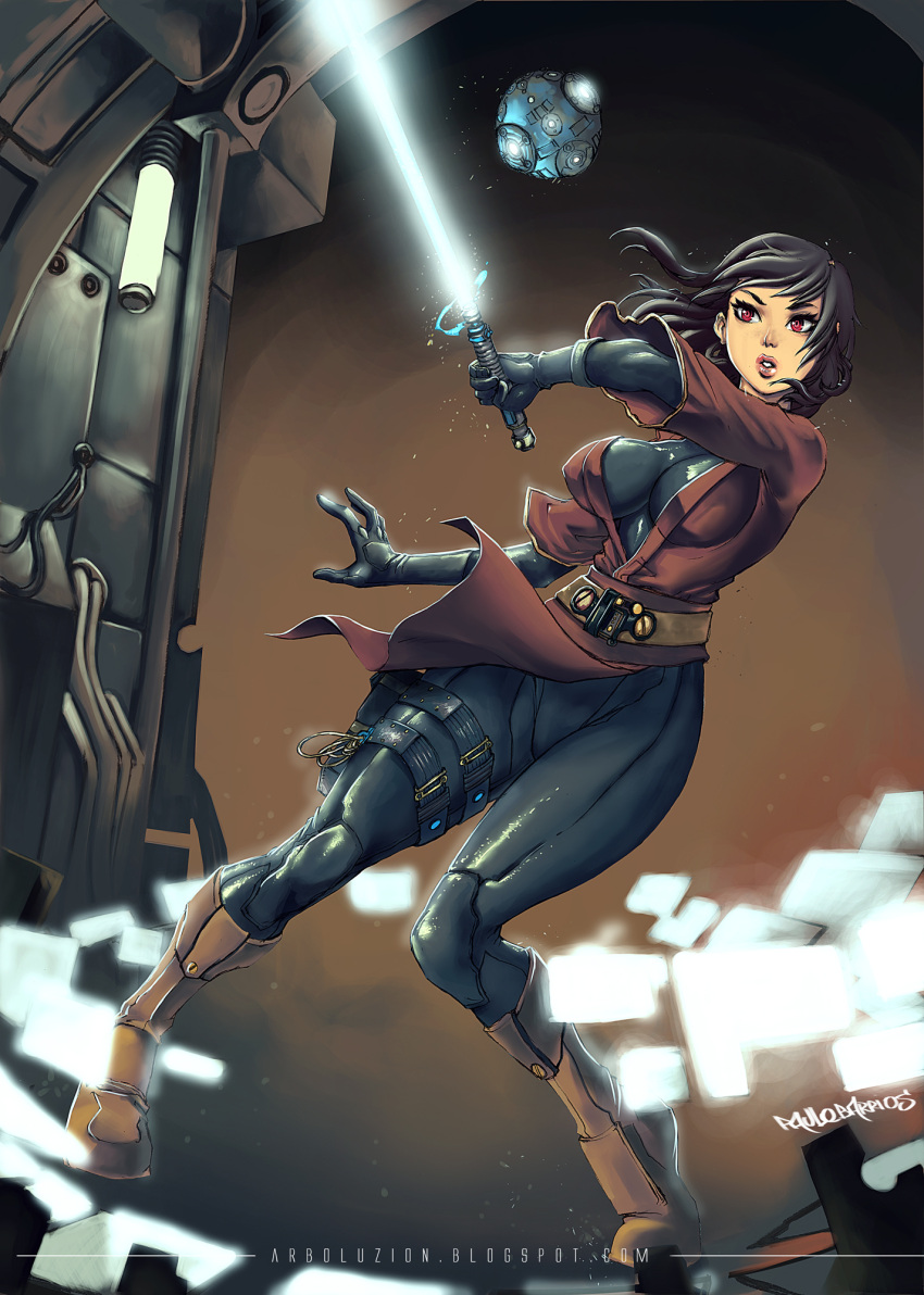 black_hair boots breasts energy_sword gloves highres jedi jedi_knight large_breasts lightsaber lips long_hair natural_sap original realistic red_eyes robot science_fiction skin_tight star_wars sword weapon