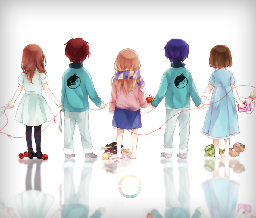 3girls back bird blue_hair book brown_hair child doll hand_holding hat holding_hands mawaru_penguindrum multiple_boys multiple_girls natsume_masako oginome_momoka oginome_ringo pantyhose penguin red_hair red_string redhead sachikan scarf short_hair string takakura_himari takakura_kanba takakura_shouma young