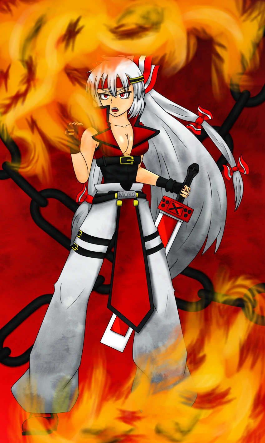 fire fujiwara_no_mokou guilty_gear highres power_connection sol_badguy sol_badguy_(cosplay) touhou