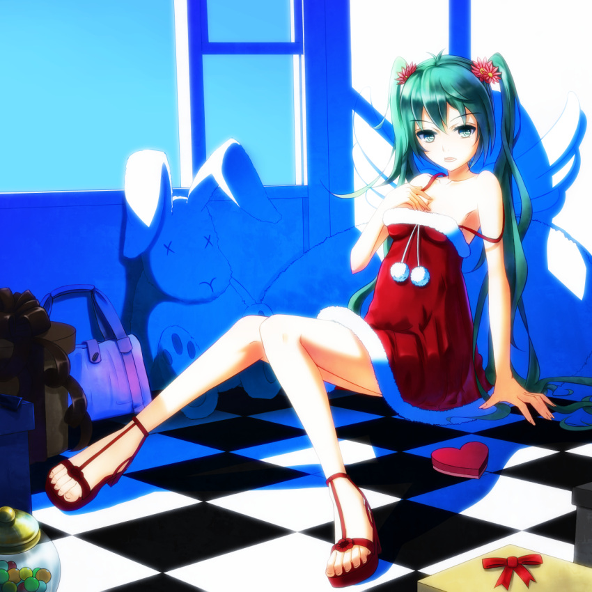 arm_support bad_id bare_shoulders checkered checkered_floor dress feet flower green_eyes green_hair hair_flower hair_ornament hand_on_own_chest hatsune_miku highres long_hair open_shoes sandals santa_costume sitting solo strap_slip twintails very_long_hair vocaloid yuragi_(amriel)
