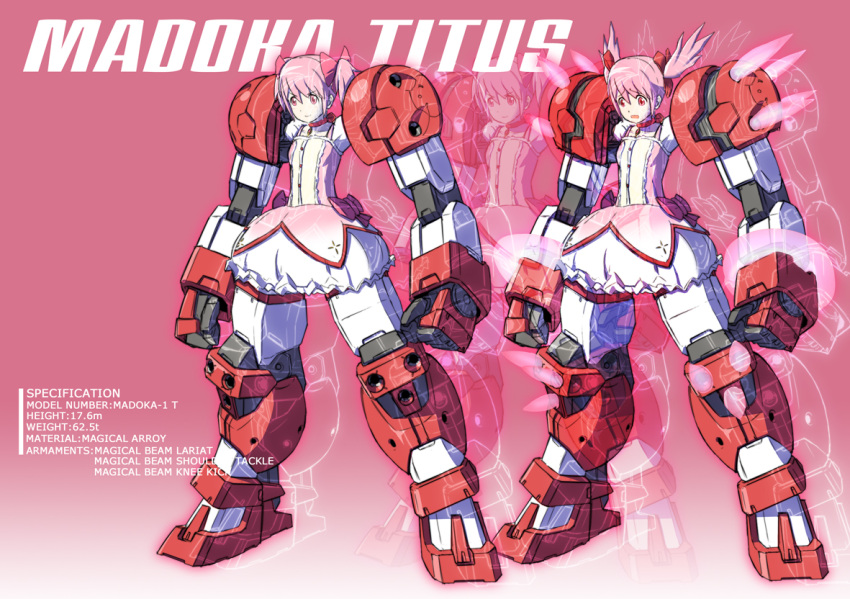 bubble_skirt character_name choker dress english engrish fusion gundam gundam_age gundam_age-1 gundam_age-1_titus hair_ribbon kaname_madoka magical_girl mahou_shoujo_madoka_magica mecha_musume mechanical_arms mechanical_legs parody pink_eyes pink_hair ranguage ribbon sad short_twintails solo soul_gem standing sukekiyo56 text twintails