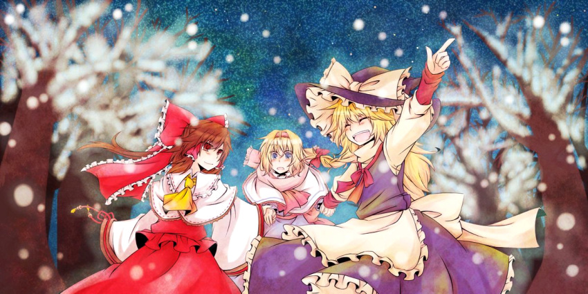 alice_margatroid apron arm_up arm_warmers ascot blonde_hair blue_dress blue_eyes blush bow braid brown_eyes brown_hair capelet closed_eyes dress eyes_closed forest hair_bow hair_ribbon hair_tubes hairband hakurei_reimu hand_holding hat holding_hands kirisame_marisa long_hair long_sleeves multiple_girls nature open_mouth perfect_cherry_blossom pointing pointing_up purple_dress ribbon scarf shirt short_hair skirt skirt_set smile snow snowing sy0610 touhou tree witch witch_hat yuuta_(monochrome)