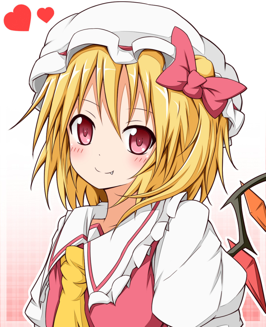ascot blonde_hair blush bow bust fang flandre_scarlet hair_bow hat heart highres karamone-ze karamoneeze red_eyes ribbon short_hair side_ponytail simple_background smile solo the_embodiment_of_scarlet_devil touhou wings