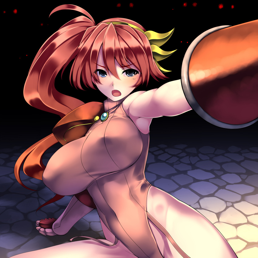 aisha_(queen's_axe) bare_shoulders blue_eyes blush breasts brown_hair gloves hairband highleg highres huge_breasts jewelry large_breasts leotard mound_of_venus open_mouth orange_hair queen's_axe side_ponytail sleeveless solo tro turtleneck