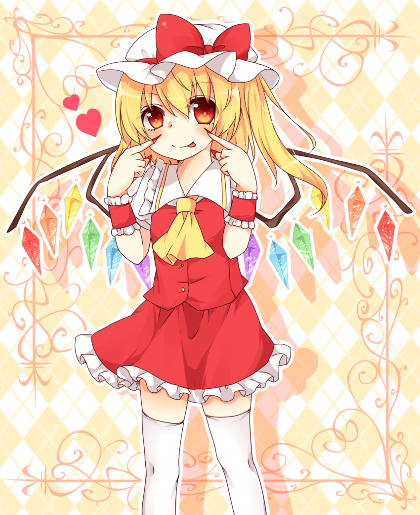 ascot blonde_hair flandre_scarlet hat highres nail_polish red_eyes silver_hair skirt skirt_set solo the_embodiment_of_scarlet_devil tongue tongue_out touhou white_legwear wings wrist_cuffs yuria_(kittyluv)