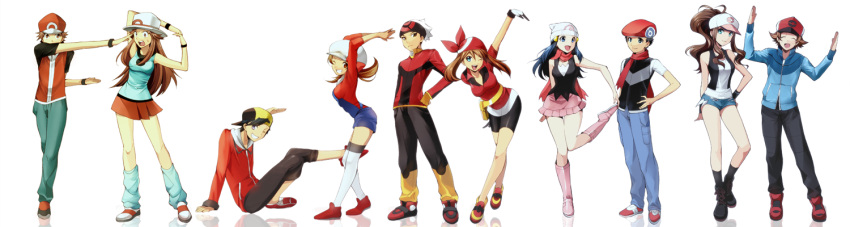 5girls alternate_costume bandana bandanna baseball_cap beanie bike_shorts black_hair blue_(pokemon) blue_eyes blue_hair boots brown_eyes brown_hair cabbie_hat closed_eyes denim denim_shorts eyes_closed gloves gold_(pokemon) gold_(pokemon)_(remake) green_eyes hair_ornament hairclip haruka_(pokemon) hat hibiki_(pokemon) hikari_(pokemon) hirococo hirococo_(hakka) jacket kotone_(pokemon) kouki_(pokemon) kouki_(pokemon)_(classic) leaf_(pokemon) multiple_boys multiple_girls no_socks overalls pokemon pokemon_(game) pokemon_black_and_white pokemon_bw pokemon_diamond_and_pearl pokemon_dppt pokemon_firered_and_leafgreen pokemon_frlg pokemon_gsc pokemon_heartgold_and_soulsilver pokemon_hgss pokemon_rgby pokemon_rse pokemon_ruby_and_sapphire ponytail porkpie_hat red_(pokemon) red_(pokemon)_(remake) scarf short_shorts shorts sitting skirt thigh-highs thighhighs touko_(pokemon) touya_(pokemon) twintails vest wink yuuki_(pokemon) yuuki_(pokemon)_(classic)