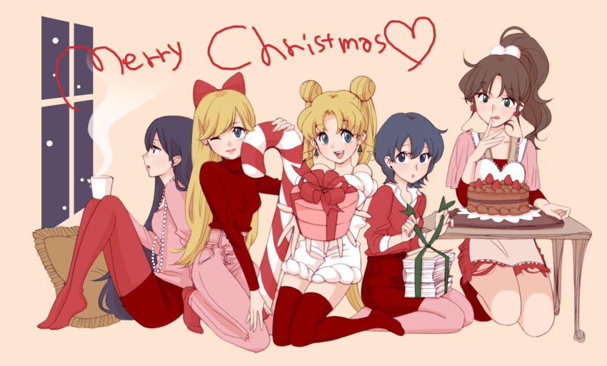 :d :q aino_minako bad_id bishoujo_senshi_sailor_moon black_hair blonde_hair blue_eyes blue_hair brown_hair cake candy_cane christmas cup double_bun food gift gin_and_tonic ginandtonic green_eyes hair_ribbon hino_rei kino_makoto kneeling long_hair merry_christmas mizuno_ami mug multiple_girls no_shoes open_mouth pantyhose pillow pink_background pink_legwear ponytail red_legwear ribbon short_hair shorts simple_background sitting smile text thigh-highs thighhighs tongue tsukino_usagi twintails wink yellow_background zettai_ryouiki