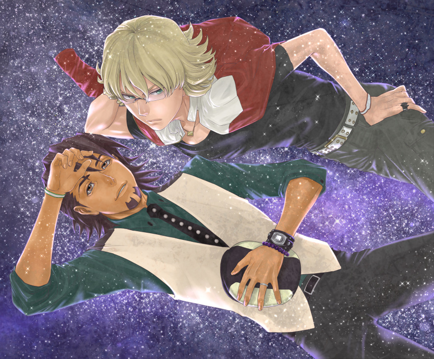 2boys barnaby_brooks_jr belt blonde_hair bracelet brown_eyes brown_hair cabbie_hat dark_skin facial_hair glasses green_eyes hand_on_hat hat hat_removed highres jacket jewelry kaburagi_t_kotetsu looking_at_viewer male multiple_boys necklace necktie pov pov_eye_contact red_jacket ring short_hair stubble studded_belt tiger_&amp;_bunny v-room vest waistcoat watch wristwatch