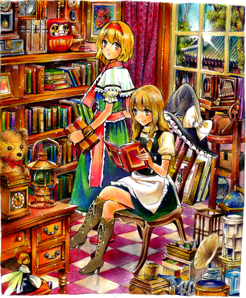 alice_margatroid alternate_eye_color apron bellows_camera blonde_hair blue_dress book bookshelf boots box braid building buttons camera can capelet chain chains chair checkered checkered_floor chest clock cross-laced_footwear crossed_legs cupboard curtains daruma_doll desk doll dress frills globe hair_ribbon hairband hat hat_removed hat_ribbon headwear_removed high_heels highres holding kerosene_lamp kirisame_marisa lace lantern legs_crossed looking_back multiple_girls nobita open_mouth paper_lantern phonograph pot projector puffy_sleeves reading ribbon room sash sewing_machine shanghai_doll shoes short_hair side_braid single_braid sitting smile standing stuffed_animal stuffed_toy teddy_bear thread touhou traditional_media tree vase waist_apron window witch witch_hat wristband yellow_eyes