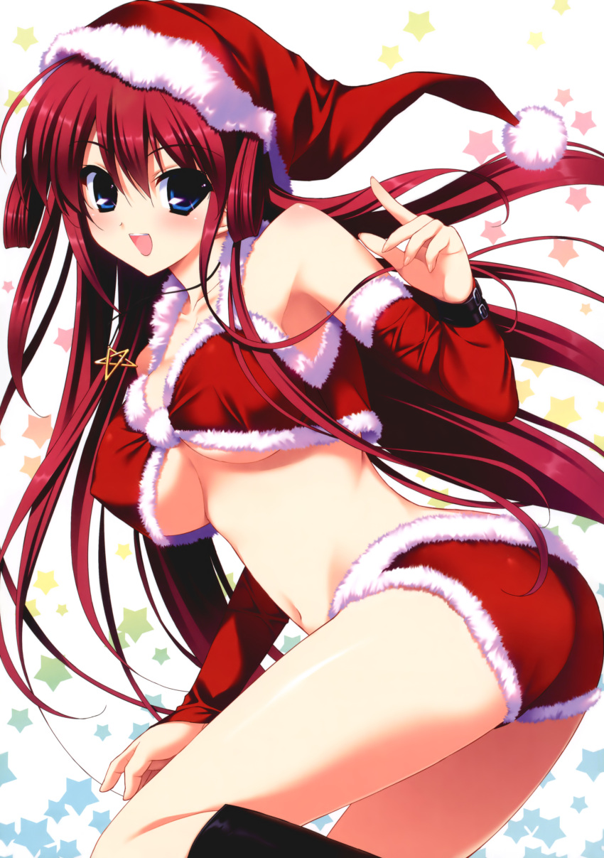 1girl absurdres ass bare_shoulders blue_eyes blush boots breasts character_request christmas crop_top detached_sleeves female fumio fumio_(ura_fmo) fur_trim grisaia_no_kajitsu hat highres jewelry knee_boots large_breasts long_hair looking_at_viewer looking_back midriff navel open_mouth pendant red red_eyes red_hair redhead santa_costume santa_hat shiny shiny_clothes shiny_skin short_shorts shorts simple_background smile solo suou_amane under_boob underboob upper_teeth