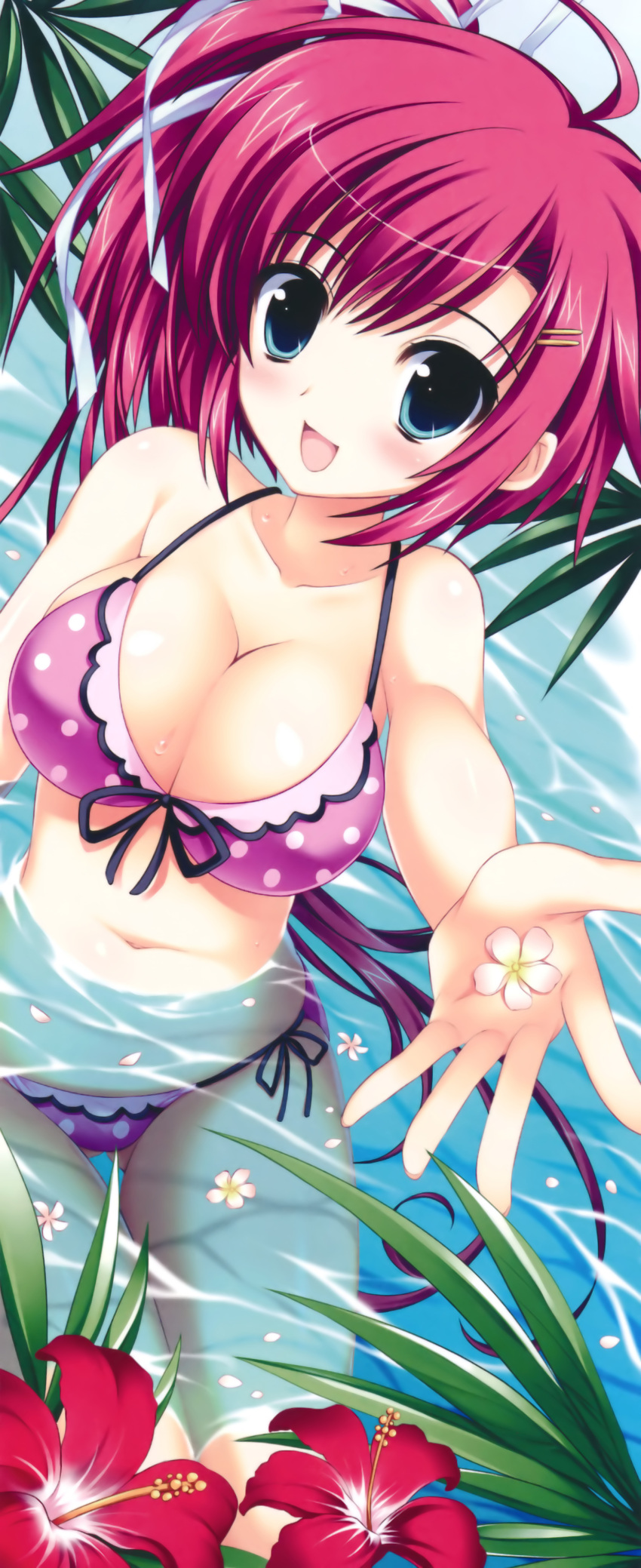 :d absurdres ahoge ariko_youichi bikini blue_eyes blush breasts cleavage flower front-tie_top hair_ornament hair_ribbon hairclip hibiscus highres long_image midriff nakahara_akane navel open_mouth outstretched_hand pink_hair polka_dot polka_dot_bikini polka_dot_swimsuit ribbon side-tie_bikini side_ponytail smile solo stick_poster swimsuit swimsuit tall_image trouble@spiral! water