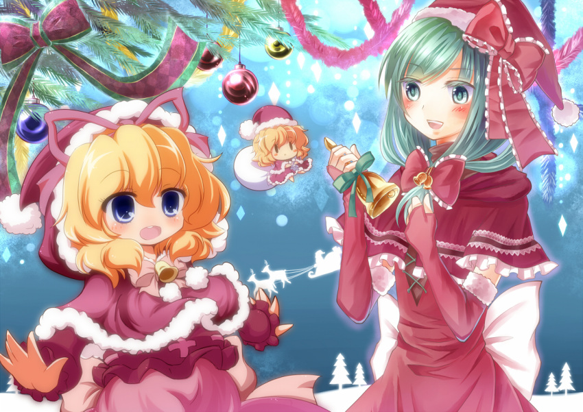 :x bell blonde_hair blue_eyes blush bow capelet christmas colored_eyelashes fir_tree fir_trees front_ponytail green_eyes green_hair handbell hat kagiyama_hina medicine_melancholy miyakure multiple_girls open_mouth reindeer sack sleigh su-san touhou