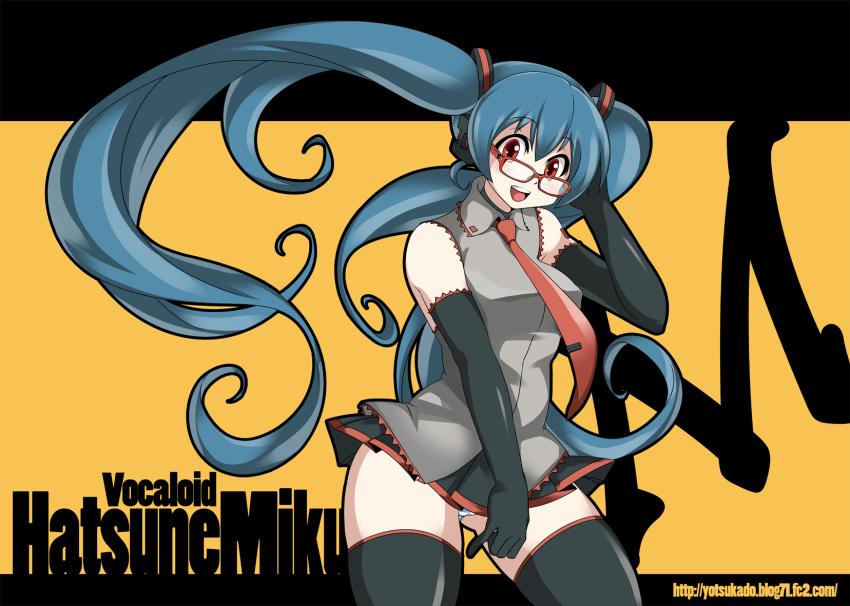 aqua_hair bad_id bespectacled glasses hatsune_miku highres long_hair necktie open_mouth panties red_eyes skirt solo striped striped_panties thigh-highs thighhighs twintails underwear very_long_hair vocaloid yajirushi_kaku
