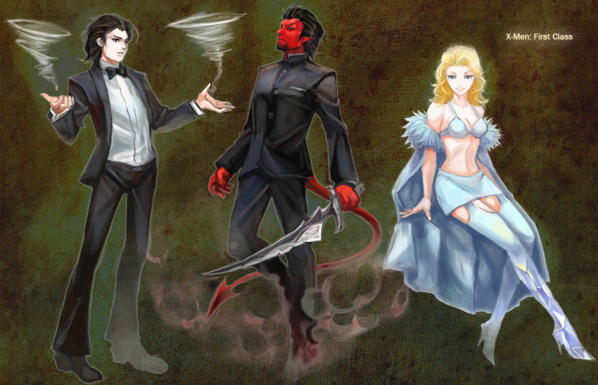2boys azazel azazel_(x-men) blonde_hair blue_eyes boots breasts brown_hair cape demon demon_tail emma_frost facial_hair formal high_heels large_breasts long_hair marvel multiple_boys pointy_ears riptide riptide_(x-men) scar shoes shou_j smoke stubble suit sword tail thigh-highs thigh_boots thighhighs weapon white_queen wind x-men