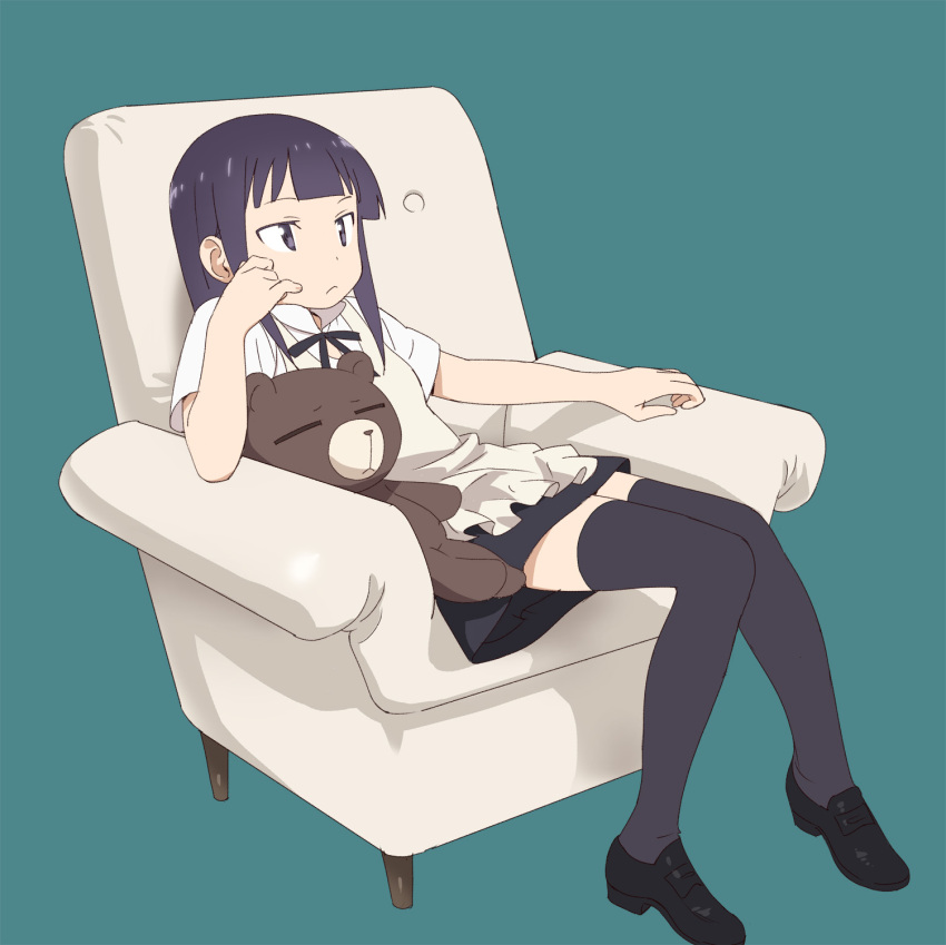 apron black_legwear bored bowtie couch daisy_(working!!) dress_shirt frown green_background highres long_hair looking_away nse purple_eyes purple_hair shadow shirt shoes short_sleeves simple_background sitting solo stuffed_animal stuffed_toy teddy_bear thigh-highs thighhighs violet_eyes waitress working!! yamada_aoi zettai_ryouiki