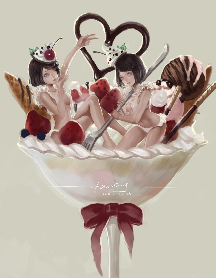 arm_up black_hair blueberry bobo1983 breasts cherry chocolate copyright_request cream crossed_legs cup dated food food_as_clothes food_themed_clothes fork frilled_panties frills fruit grey_background grey_eyes hat heart highres holding holding_fork ice_cream legs_crossed looking_at_viewer miniskirt multiple_girls navel panties pocky ribbon short_hair signature simple_background sitting skirt smile strawberry sundae underwear waffle waffle_(food) white_panties wink