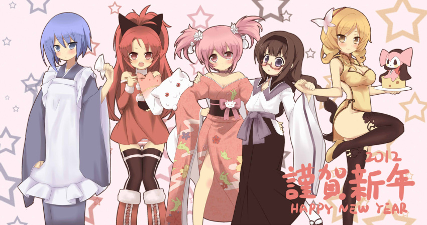 5girls :3 adapted_costume akemi_homura alternate_costume apron bare_shoulders black_legwear blue_dress blush boots bow bowl braid breasts butterfly cameo charlotte_(madoka_magica) cheese china_dress chinese_clothes choke choker chopsticks cleavage creature detached_sleeves dress glasses hair_bow hair_ornament hairband happy_new_year highres holding_hands japanese_clothes kaname_madoka kimono kyouko_sakura kyubey lineup looking_at_viewer mahou_shoujo_madoka_magica miki_sayaka multiple_girls new_year no_panties obi panties pink_background plate pose red_dress sakura_kyouko sandals short_twintails simple_background sitting striped striped_panties tabi thigh-highs thighhighs tomoe_mami tsliuyixin twin_braids twintails underwear