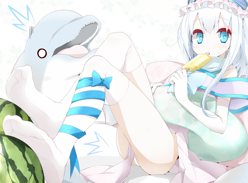 blue_eyes blush bow dolphin elbow_gloves floral_print food fruit gloves hat ice_cream innertube leg_ribbon long_hair no_shoes o_o oouso_(usotsukiya) original panties pantyshot pantyshot_(lying) pillow popsicle silver_hair solo surprised sweat thighhighs underwear usotsukiya watermelon white_gloves white_hair white_legwear white_panties