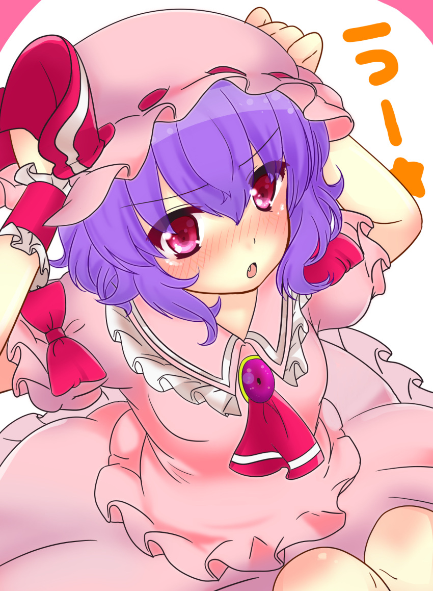 blush fang haruta_(806060) hat highres lavender_hair red_eyes remilia_scarlet solo tears touhou wrist_cuffs