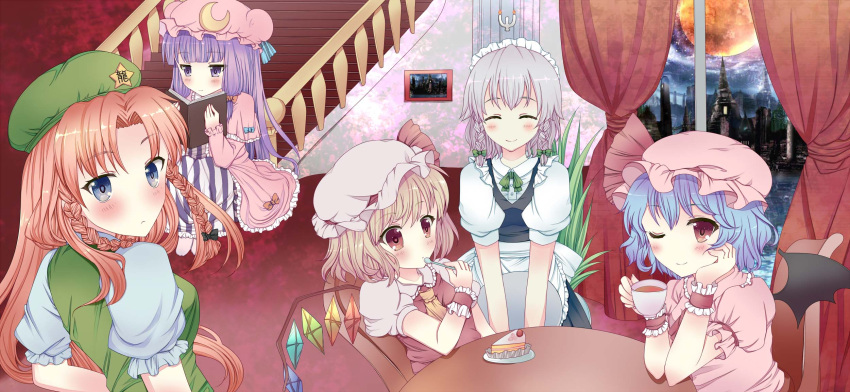 absurdres ascot bat_wings blonde_hair blue_eyes book braid building cake chair chandelier closed_eyes crescent cup curtains dress eyes_closed flandre_scarlet food frills hair_ribbon hand_on_own_cheek hat highres holding hong_meiling izayoi_sakuya long_hair maid maid_headdress multiple_girls patchouli_knowledge picture_(object) plate purple_eyes purple_hair reading red_eyes red_hair redhead remilia_scarlet ribbon short_hair side_ponytail silver_hair skirt smile spoon stairs star striped swami table teacup touhou tray twin_braids violet_eyes window wings wink wrist_cuffs