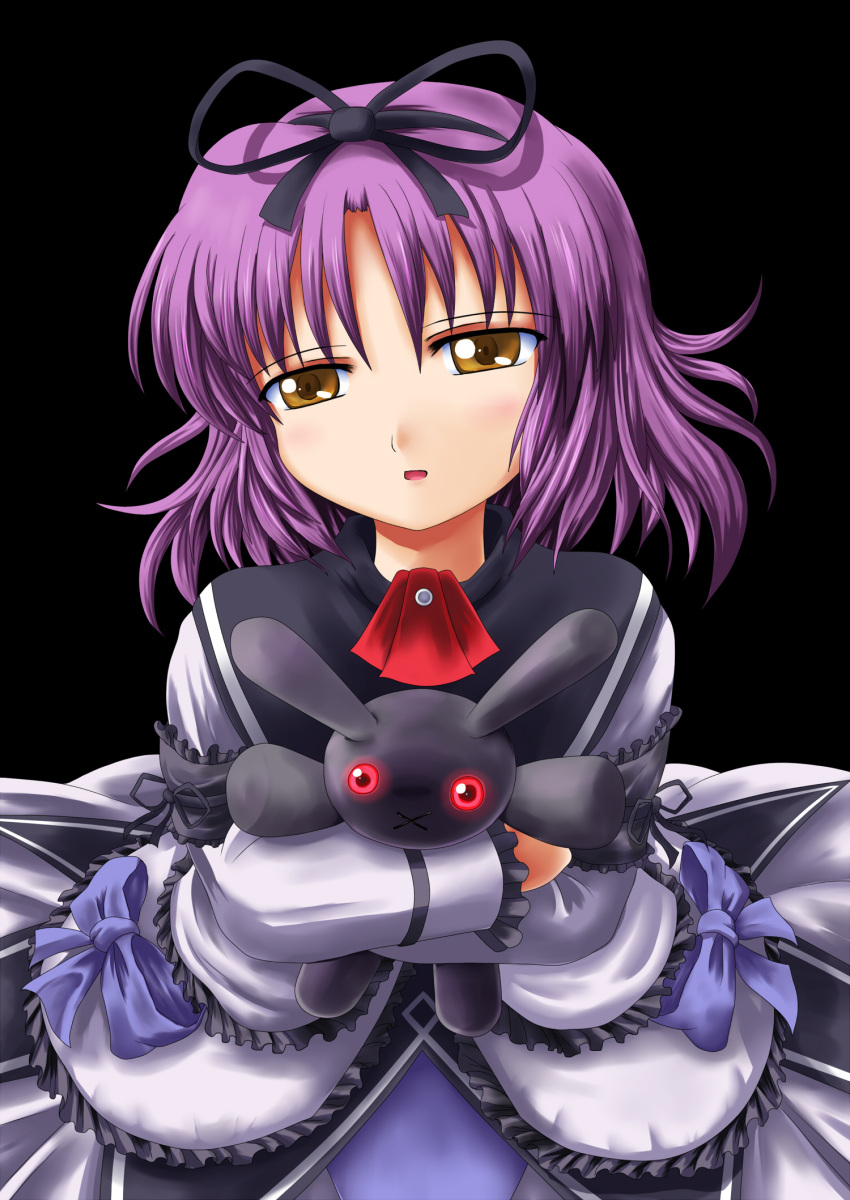 1girl :x black_background bow dress eiyuu_densetsu falcom frills hidechuu highres purple_hair renne ribbon short_hair solo sora_no_kiseki white_background white_dress yellow_eyes