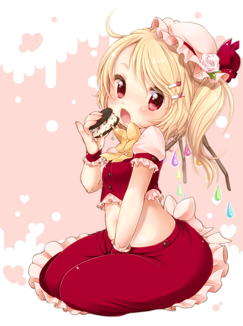 absurdres adapted_costume bad_id between_legs blonde_hair blush bowtie child eating fang flandre_scarlet flower food frilled_skirt hair_ornament hairclip hand_between_legs hat hat_flower hat_ribbon heart highres ice_cream ice_cream_sandwich looking_at_viewer midriff mini_hat navel open_mouth pink_background pinky_out red_eyes ribbon seiza short_hair side_ponytail simple_background sitting skirt skirt_set solo the_embodiment_of_scarlet_devil touhou water_drop wings wrist_cuffs yukiu_kon