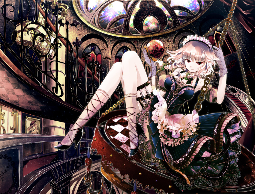 alternate_costume apron arm_cuffs bat belt braid breasts candle chain chains chandelier checkered dress frills gloves hair_ribbon high_heels highres holding holster izayoi_sakuya knife legs_up maid_headdress o-naoko pocket_watch red_eyes ribbon shoes short_hair silver_hair skirt smile solo stairs the_embodiment_of_scarlet_devil thigh_holster touhou twin_braids watch window