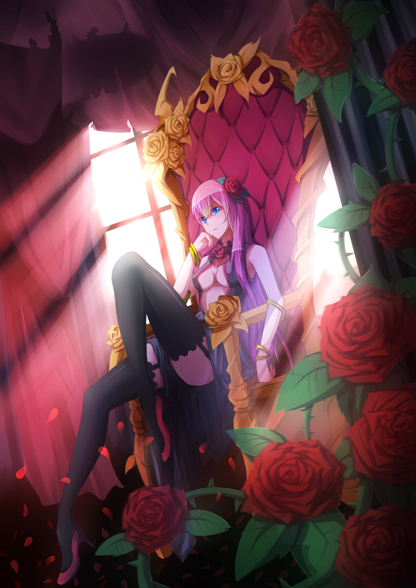absurdres blue_eyes bracelet breasts cleavage curtains flower garter_straps hair_flower hair_ornament high_heels highres jewelry long_hair megurine_luka paparins petals pink_hair rose shoes solo thigh-highs thighhighs throne vocaloid