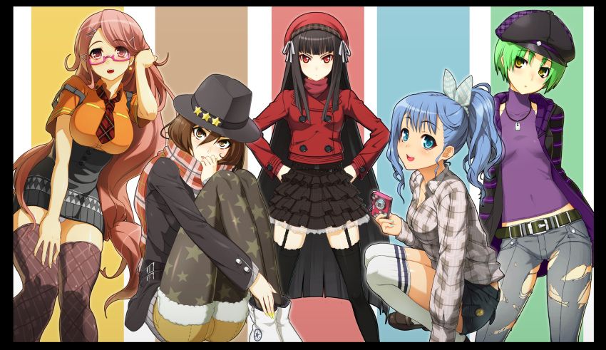 :d arms_behind_head bangs belt black_hair black_legwear blue_eyes blue_hair blunt_bangs blush brown_eyes brown_hair cabbie_hat camera character_request earrings fedora frilled_skirt garter_straps glasses green_hair hair_ornament hair_tucking hairclip halter_top halterneck hand_on_knee hand_to_mouth hands_on_hips hat highres jacket jewelry knees_on_chest long_hair looking_at_viewer mole multiple_girls nail_polish necktie ookuma_(nitroplus) open_mouth original over-kneehighs panties pantyhose pantyshot pantyshot_(standing) pink_hair plaid plaid_scarf ponytail red_eyes scarf short_hair shorts smile squatting standing star star_earrings star_print strap_slip thigh-highs thighhighs torn_clothes torn_pants underwear upskirt very_long_hair white_legwear white_panties yellow_eyes
