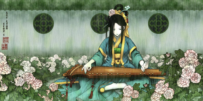 antaria black_hair chinese_clothes flower guqin hair_ornament hanfu instrument long_hair nail_polish no_nose original pale_skin peony_(flower) rain round_window sitting solo window