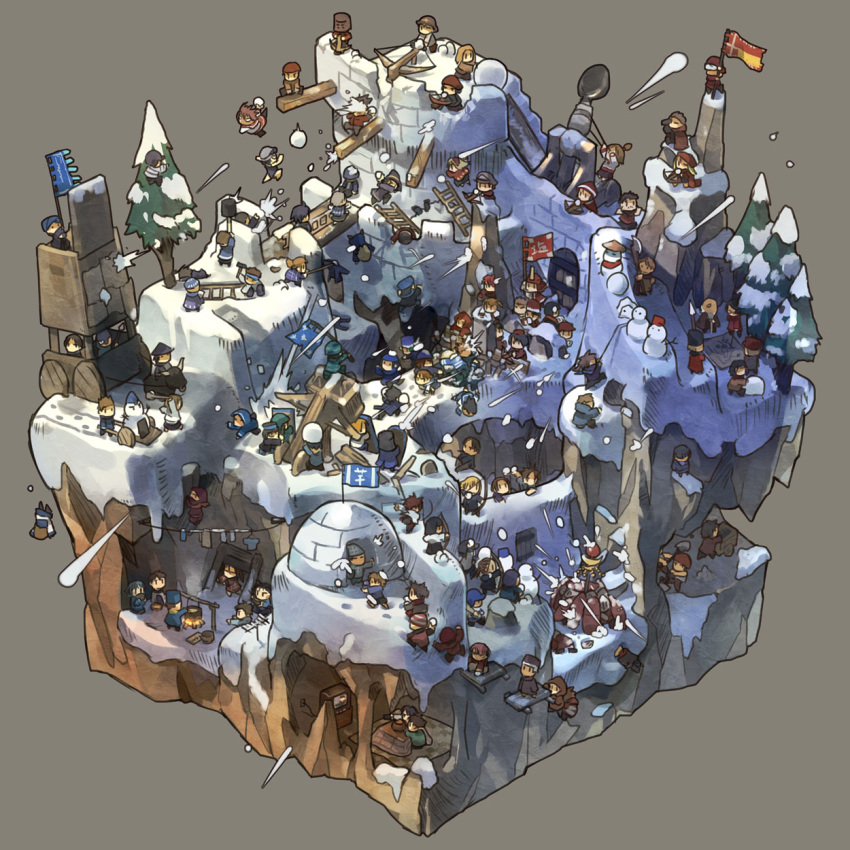 battle blue_shirt bow_(weapon) campfire castle catapult cave chaos crossbow digging falling faux_figurine flag hakoniwa hat highres igloo ladder landscape map military ninja original red_shirt scarf shovel siege_tower snow snowball snowman table television tree weapon yamaada