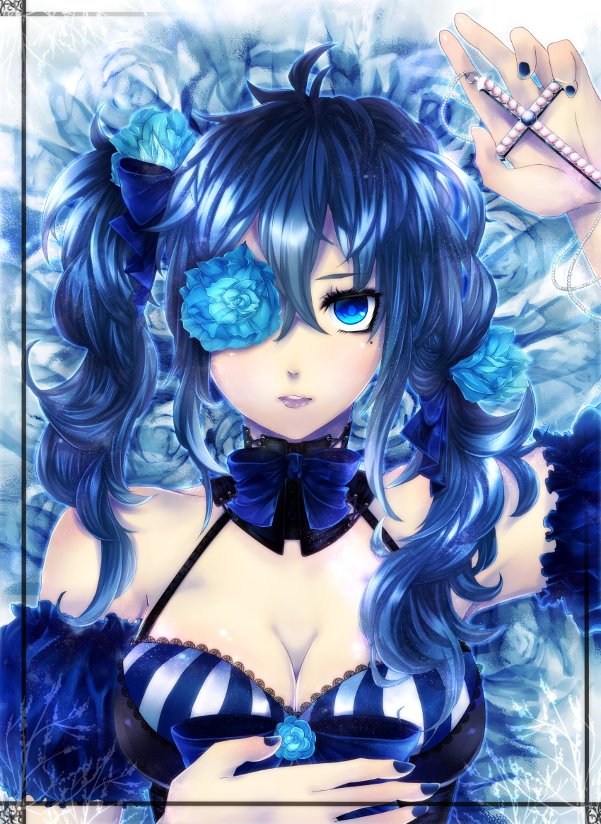 absurdres aiiro-yozora aiiro_yozora arm_up armpits artist_request bare_shoulders blue_eyes blue_hair bow breasts bust cleavage close-up cross eyepatch flower hair_bow hair_flower hair_ornament highres large_breasts long_hair looking_at_viewer mole nail_polish one_eye_covered original rose solo