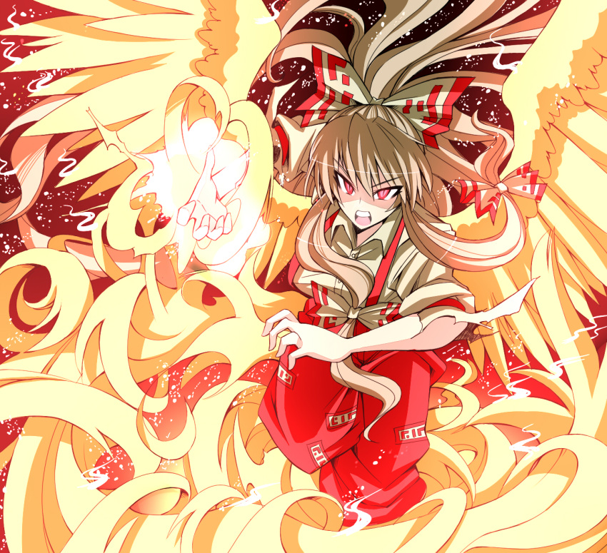 bow burning_hand flaming_hand fujiwara_no_mokou gibuchoko hair_bow hair_ribbon highres long_hair ofuda pants red_eyes ribbon shirt silver_hair slit_pupils solo suspenders touhou wings