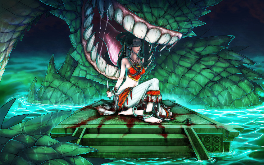 anklet antaria bare_shoulders barefoot black_hair blindfold blood breasts collarbone dagger dirty_feet du_dou feet highres human_sacrifice impossible_clothes impossible_clothing jewelry large_breasts long_hair monster necklace original signature sitting vore water weapon