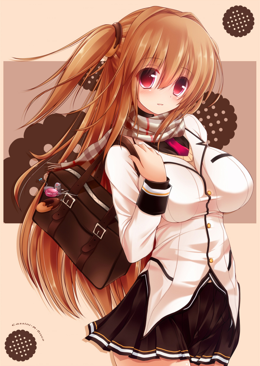 bag blazer bookbag breasts brown_hair cassini_m_bisuko highres keychain large_breasts long_hair looking_at_viewer necktie open_mouth original pleated_skirt red_eyes scarf school_bag school_uniform skirt solo sweater syroh twintails two_side_up uniform