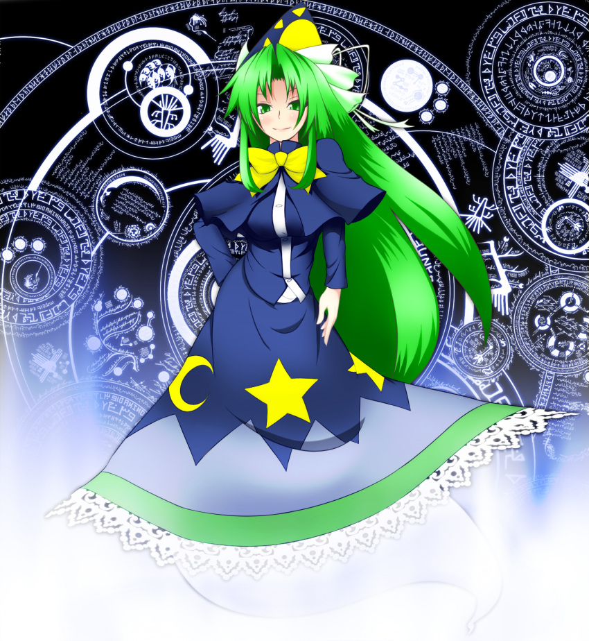 bowtie capelet crescent ghost ghost_tail green_eyes green_hair hat highres long_hair magic_circle mima runes smile solo star sun_(symbol) touhou touhou_(pc-98) wizard_hat