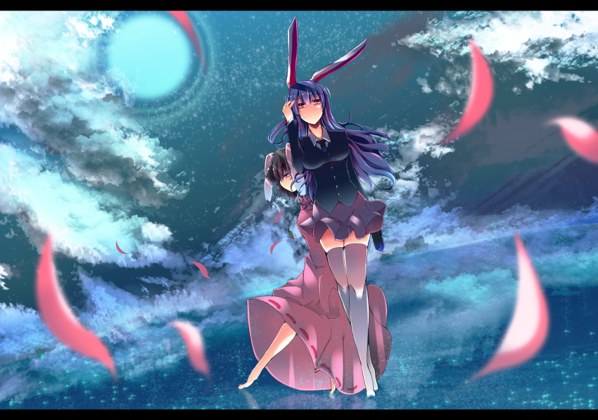 animal_ears barefoot black_hair blazer breasts bunny_ears carrot cloud dress frown highres inaba_tewi jewelry jyuuji letterboxed long_hair moon multiple_girls necklace night petals purple_hair reisen_udongein_inaba short_hair skirt star_(sky) thigh-highs thighhighs touhou white_legwear zettai_ryouiki