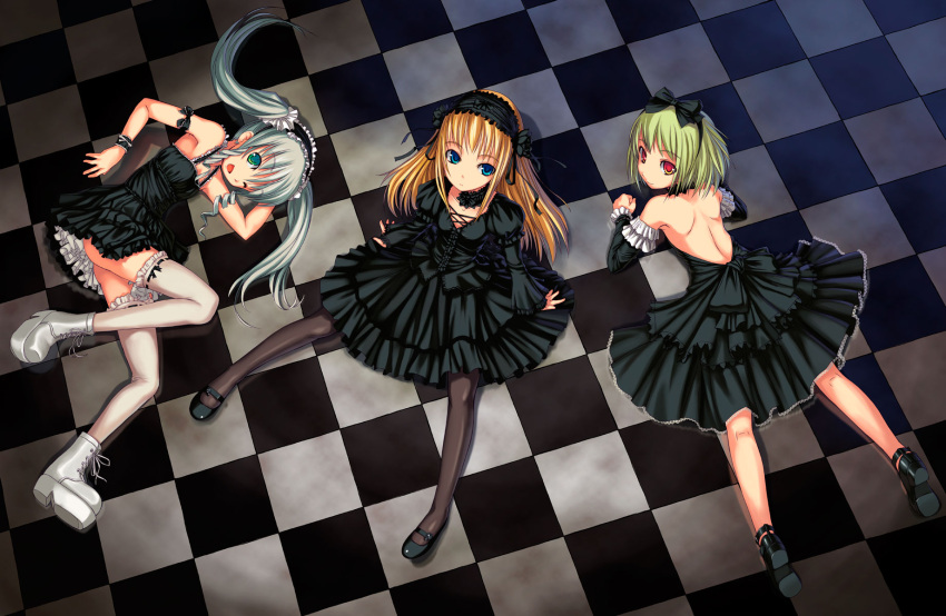 arm_garter bare_back bare_shoulders black_legwear blonde_hair blue_eyes boots bosshi bow checkered checkered_floor cross-laced_footwear detached_collar detached_sleeves dress frills from_above gothic gothic_lolita green_eyes green_hair hair_bow highres lolita_fashion lolita_hairband lolita_headband looking_back lying mary_janes multiple_girls on_side on_stomach original pantyhose red_eyes shoes silver_hair sitting smile thigh-highs thighhighs twintails white_legwear wink wrist_cuffs