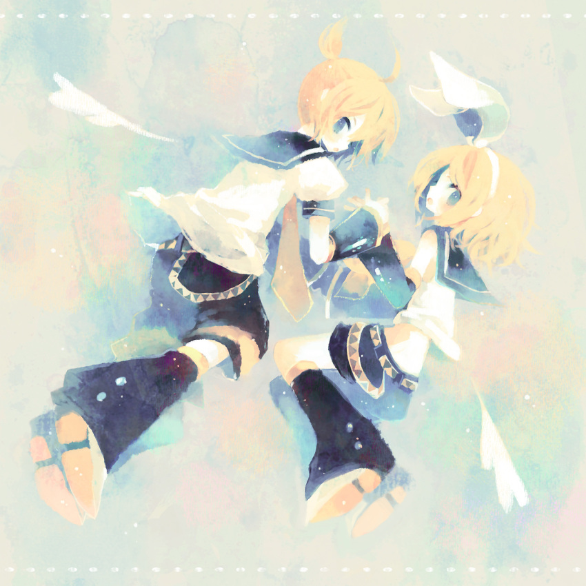 angel_wings arm_warmers bad_id blonde_hair blue_eyes blush hairband hand_holding highres holding_hands kagamine_len kagamine_rin kashiwaba_hisano leg_warmers looking_back mini_angel_wings mini_wings ponytail short_hair short_ponytail shorts siblings twins vocaloid wings