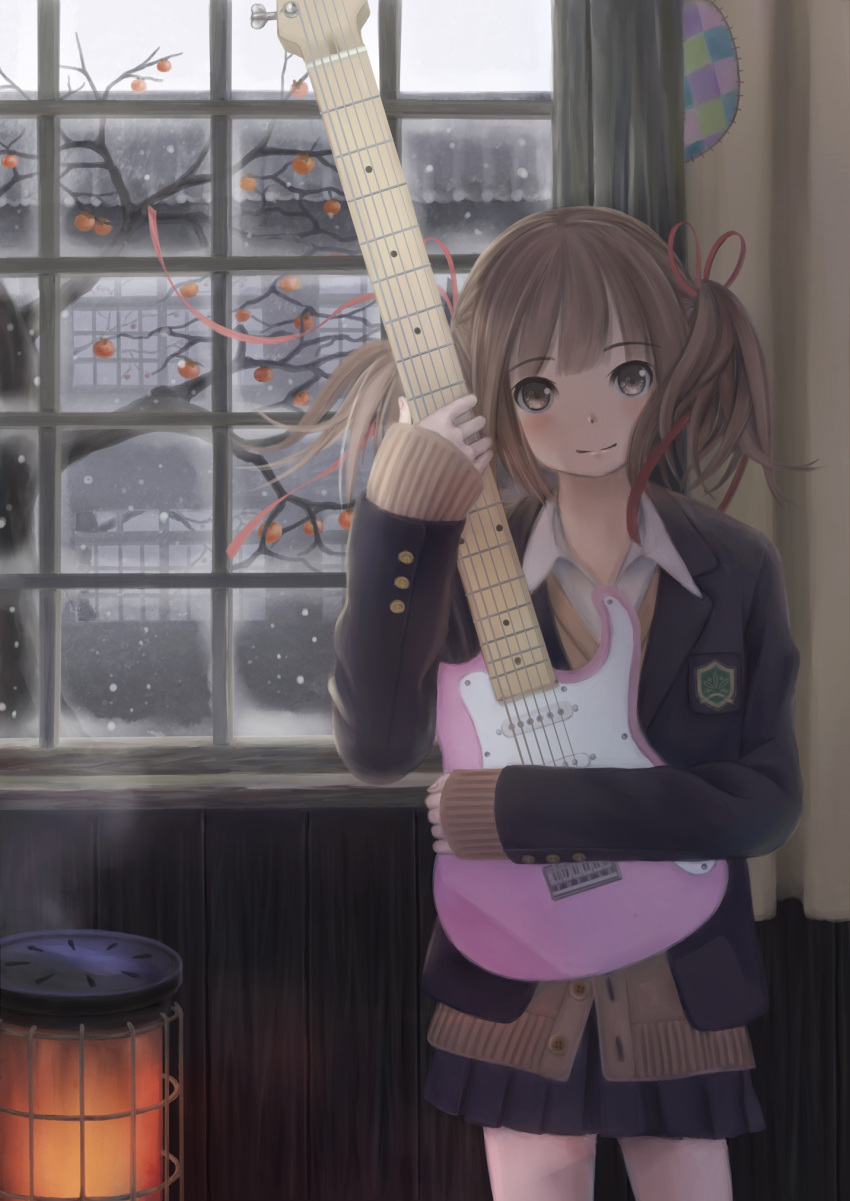 blazer brown_eyes brown_hair guitar hair_ribbon heater highres instrument looking_at_viewer original pleated_skirt ribbon school_uniform short_hair short_twintails skirt smile snow snowing solo taka_(tsmix) twintails