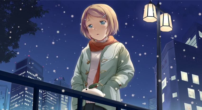 alternate_hairstyle blue_eyes building hair_ornament hairclip hand_in_pocket jacket kagamine_rin kotobamaru lamppost looking_at_viewer looking_down night night_sky nighttime no_headwear railing scarf short_hair skirt sky snow snowing solo star_(sky) starry_sky tree vocaloid