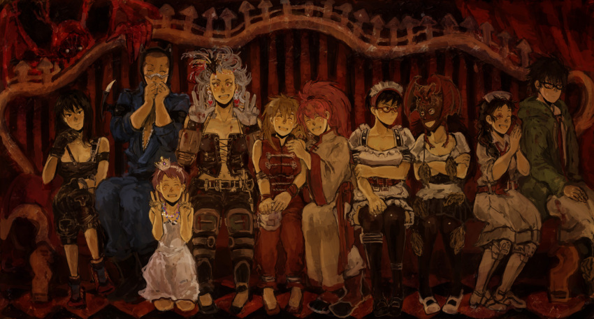 6+girls armband asuka_(dorohedoro) belt bespectacled black_eyes black_hair blonde_hair boots bracer buckle character_request china_dress chinese_clothes chota closed_eyes corset couch crossed_arms demon_wings dokuga dorohedoro dress dual_persona earrings ebisu_(dorohedoro) elbow_pads ex.rudo expressionless eyes_closed flower glasses gloves hair_flower hair_ornament hairband haru_(dorohedoro) hat highres hood hoodie horns jewelry kirion knee_pads long_hair maid_headdress mary_janes mask multiple_boys multiple_girls natsuki_(dorohedoro) navel nikaido noi_(dorohedoro) nurse_cap open_mouth pantyhose pink_hair ponytail purple_hair ring shoes short_hair smile v wings wristband