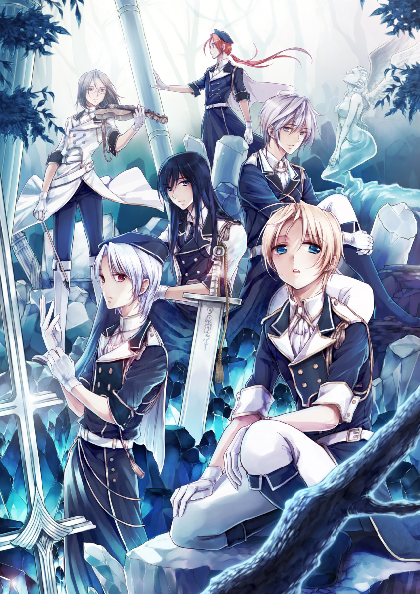 black_hair blonde_hair blue_eyes boots character_request children_of_the_rune glasses gloves grey_eyes hat highres instrument long_hair ponytail red_hair redhead short_hair silver_hair statue sword tales_weaver thigh-highs thighhighs uniform violin weapon white_legwear wings