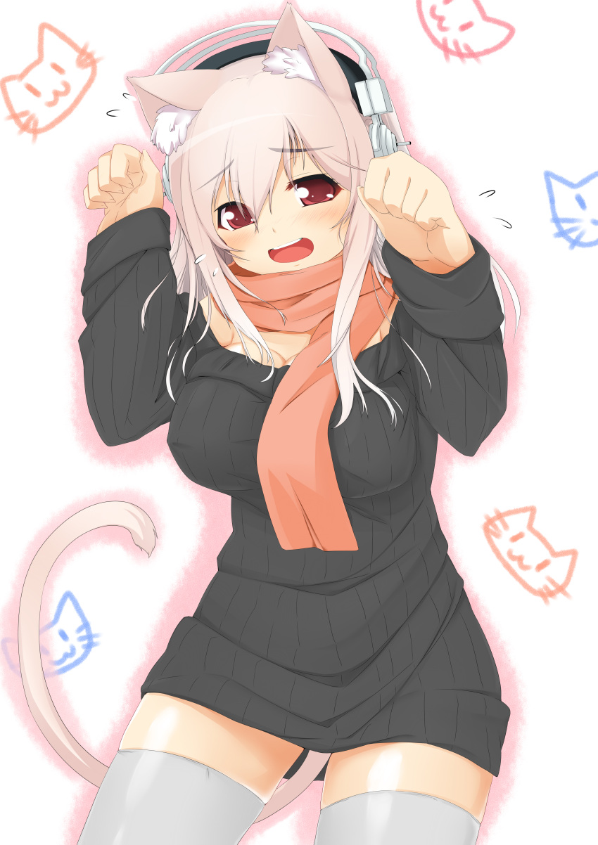 absurdres animal_ears blush breasts cat_ears cat_tail dodome-iro_mayonnaise dodome_(sharon) drawing flying_sweatdrops headphones highres kemonomimi_mode long_hair long_sleeves nitroplus open_mouth paw_pose pink_hair red_eyes scarf solo sonico super_sonico sweater sweater_dress tail thigh-highs thighhighs white_legwear