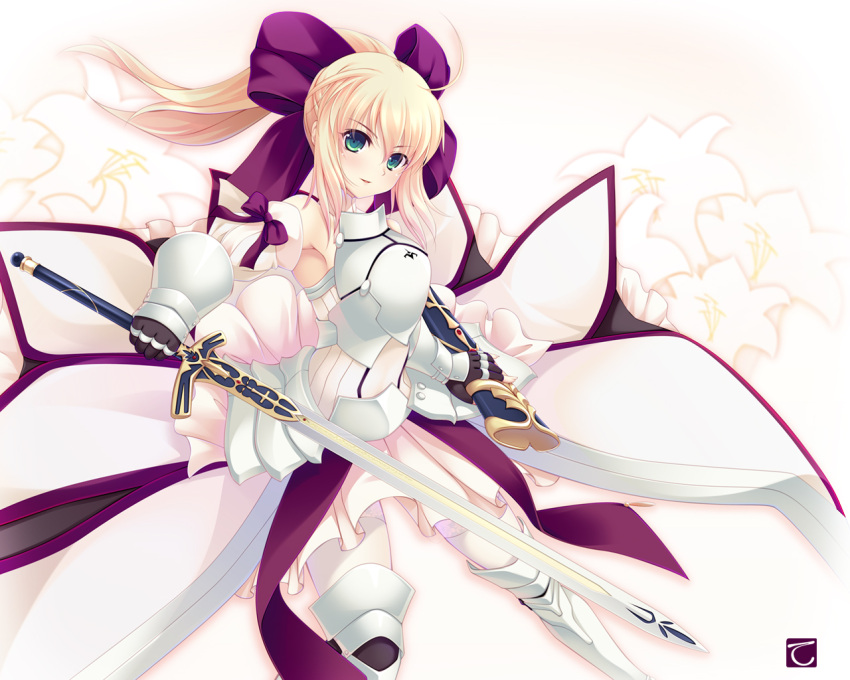 ahoge armor armored_dress blonde_hair bow dress fate/stay_night fate/unlimited_codes fate_(series) green_eyes hair_bow ponytail saber saber_lily scabbard sheath solo sword tebukuro weapon