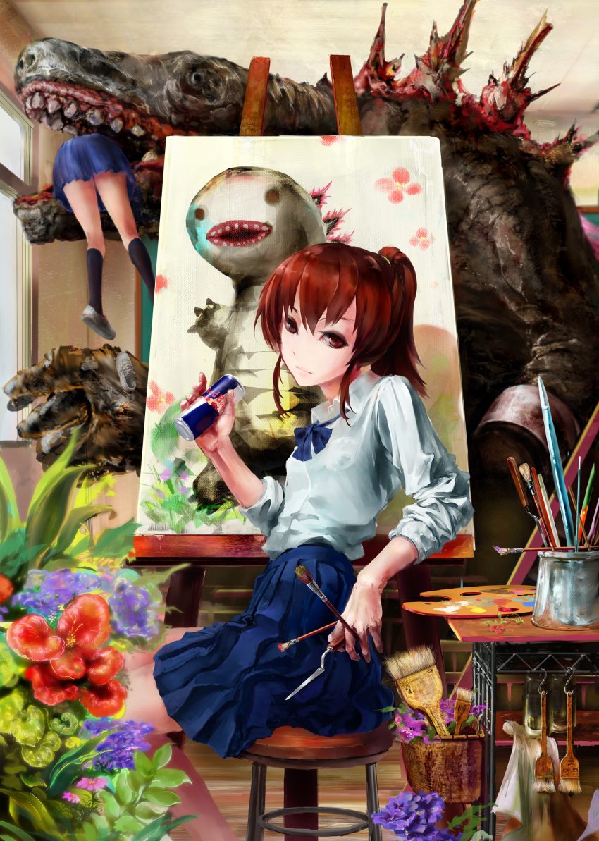 absurdres artist bench black_legwear brown_eyes brown_hair brush can canvas_(object) drawing drawing_board drawing_equipment drink eating flower hair_tie highres holding kabihuton kneehighs long_hair long_sleeves looking_at_viewer monster multiple_girls original paintbrush painting palette ponytail product_placement red_bull red_eyes red_hair redhead ribbon room shoes sitting skirt sleeves_rolled_up smile table what window