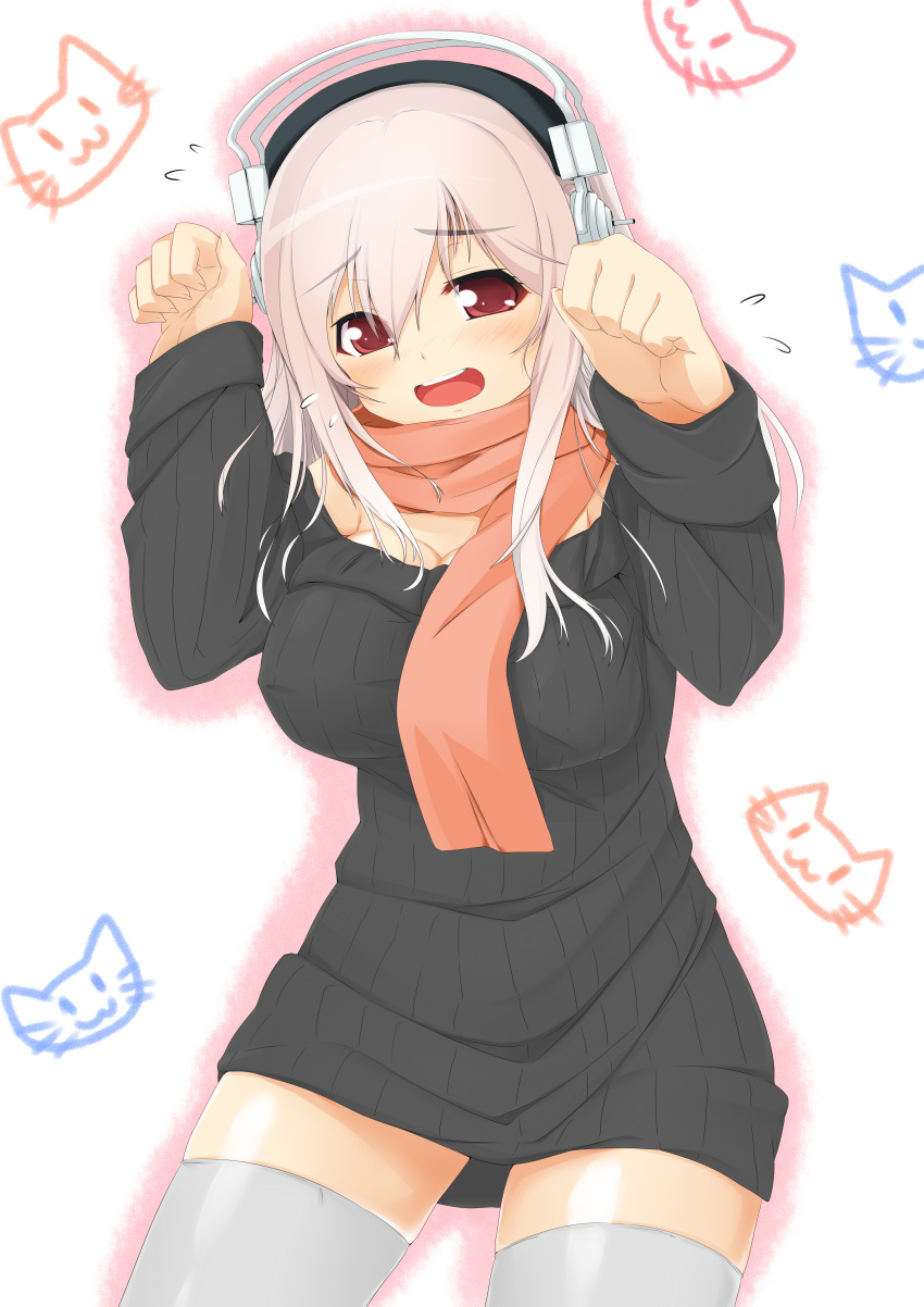 absurdres blush breasts dodome-iro_mayonnaise dodome_(sharon) drawing flying_sweatdrops headphones highres long_hair long_sleeves nitroplus open_mouth paw_pose pink_hair red_eyes scarf solo sonico super_sonico sweater sweater_dress thigh-highs thighhighs white_legwear