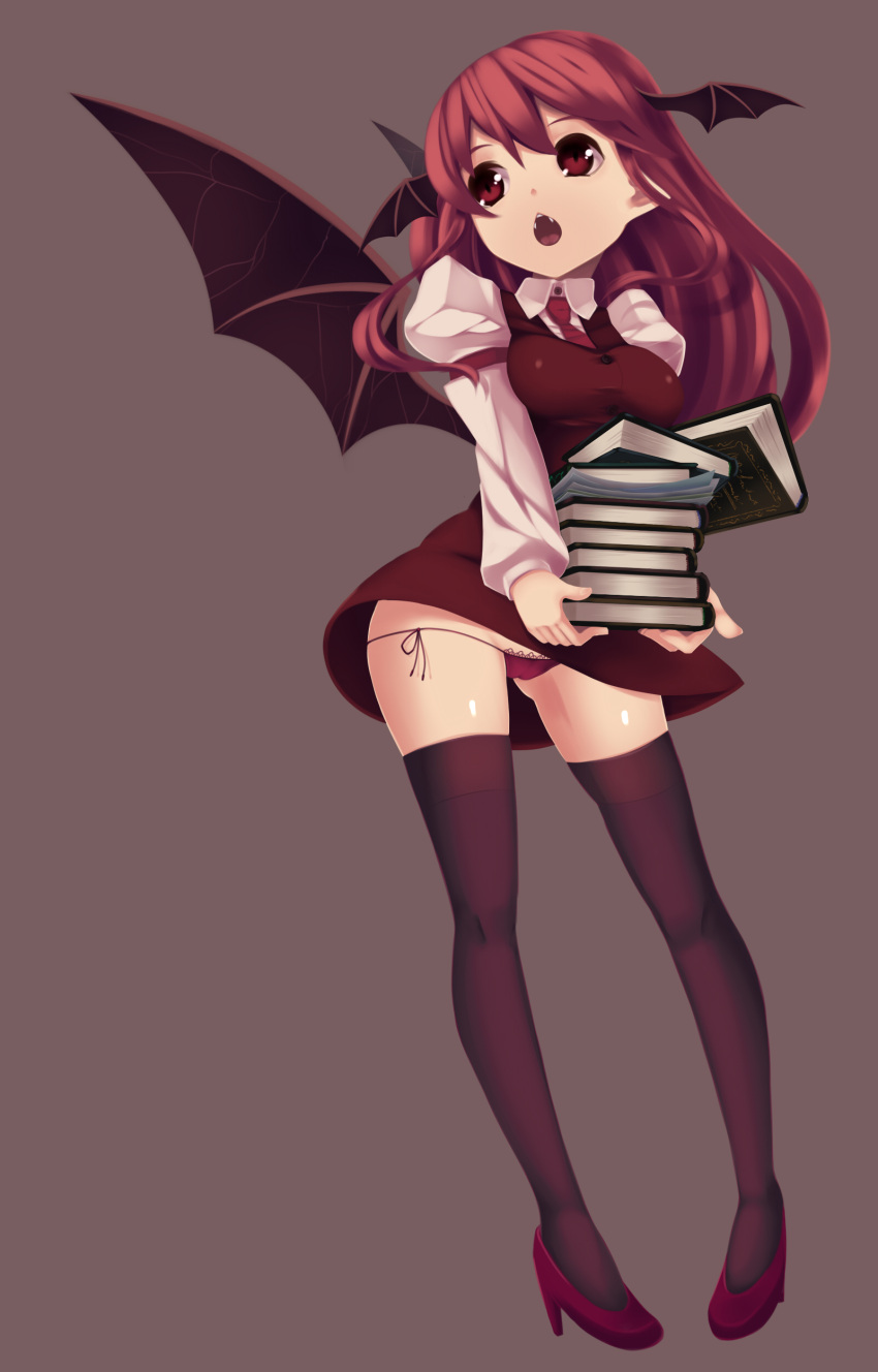 absurdres arm_garter bat_wings black_legwear book breasts carrying chestnut_mouth cutting_(mkjtl) dress_shirt fang fangs head_wings high_heels highres koakuma long_hair long_sleeves necktie open_mouth panties pantyshot pigeon-toed red_eyes red_hair redhead shiny shiny_skin shirt shoes side-tie_panties simple_background skirt skirt_set solo the_embodiment_of_scarlet_devil thigh-highs thighhighs touhou underwear vest wings