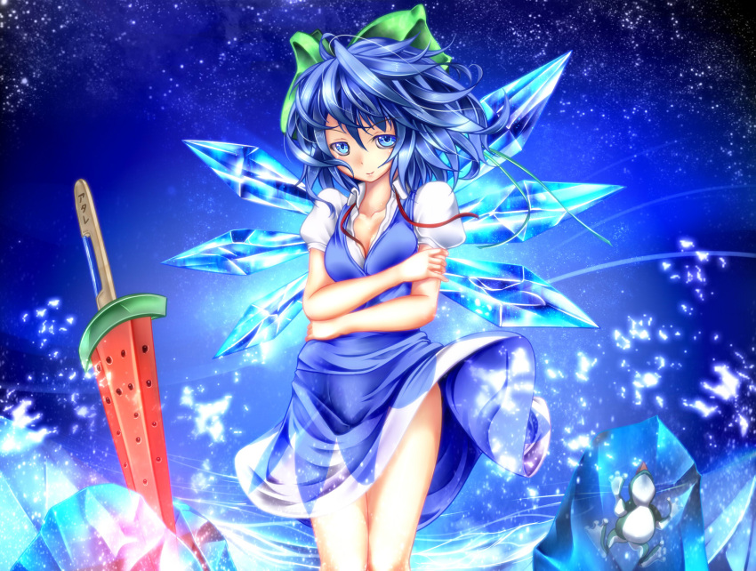 adult blue_eyes blue_hair bow breasts cirno cleavage food frog frozen fruit hair_bow highres ice monikano popsicle_stick short_hair solo sword teenage touhou undone undone_necktie watermelon weapon wind wings